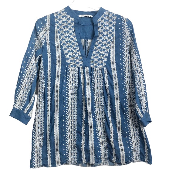 ZARA Blue and White Embroidered Boho Mini Dress or Tunic Top Size M - Picture 3 of 9